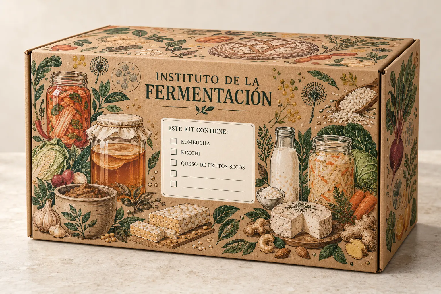 Caja de cartón ilustrada del kit del Instituto de la Fermentación con kimchi, kombucha y queso de frutos secos