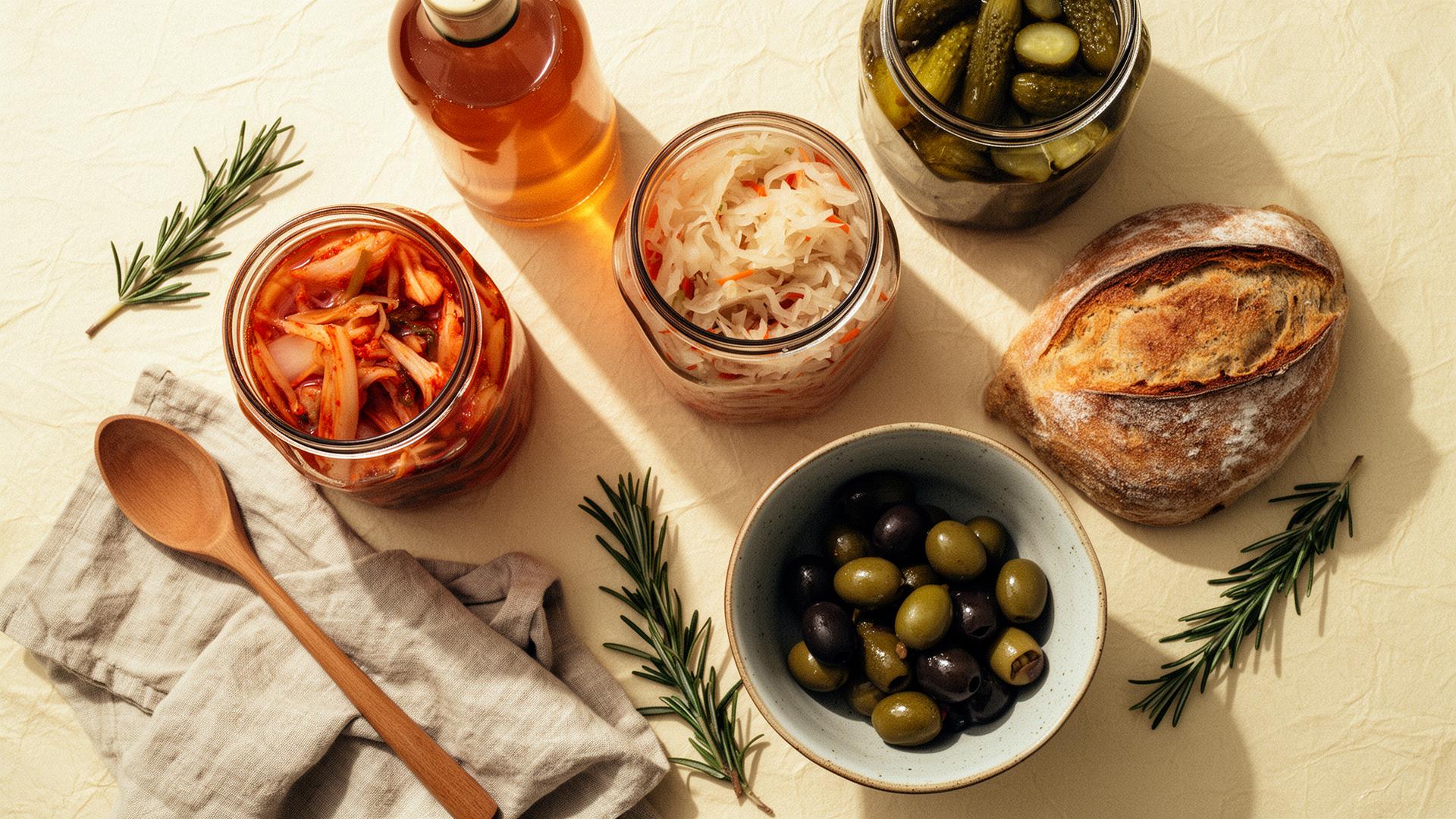 Tarros de fermentados, pan, aceitunas y romero sobre papel cálido